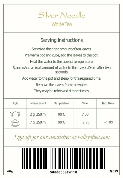 Silver Needle White Tea - 100 Procent Pure Buds - Baihao Yinzhen Chinese Silver Tip Bai Hao Yin Zhen 40g