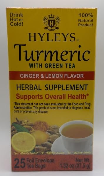 Hyleys Ginger Turmeric Tea Lemon Flavor - 25 Tea Bags (6 Pack - 150 Tea Bags Total) - Green Tea