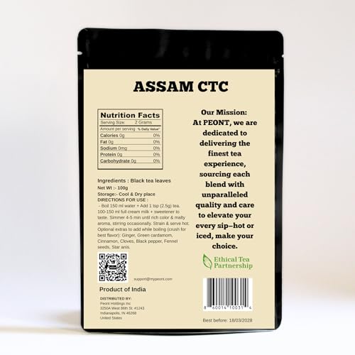 Peont Assam CTC Black Tea, Single Estate, High Caffeine, Robust Malty Flavor, 100g