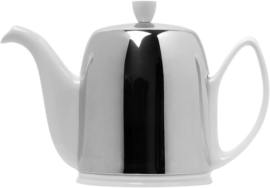 Degrenne Salam Luxury French Tea Pot - Porcelain Teapot with Stainless Steel Cover, Ceramic Tea Kettle for Loose Tea, Removable Infuser, 6 Cup Capacity, 36oz - White