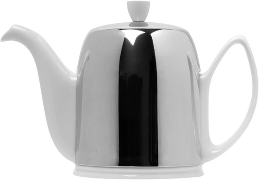Degrenne Salam Luxury French Tea Pot - Porcelain Teapot with Stainless Steel Cover, Ceramic Tea Kettle for Loose Tea, Removable Infuser, 6 Cup Capacity, 36oz - White