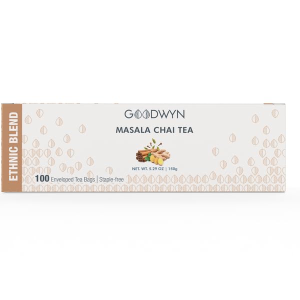 Goodwyn Masala Chai Tea – 100 Individually Wrapped Plastic-Free Tea Bags, Medium Caffeine Black Tea with Pure Indian Spices Cardamom Clove Cinnamon
