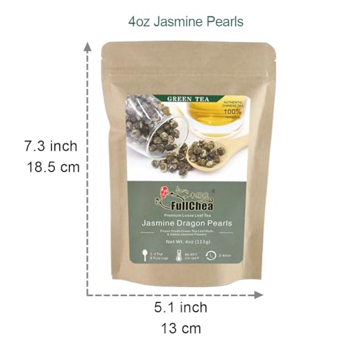 FullChea - Jasmine Pearl Tea - Jasmine Dragon Pearls - Loose Leaf Green Tea - Jasmine Green Tea with Delightful Aroma 4oz / 113g