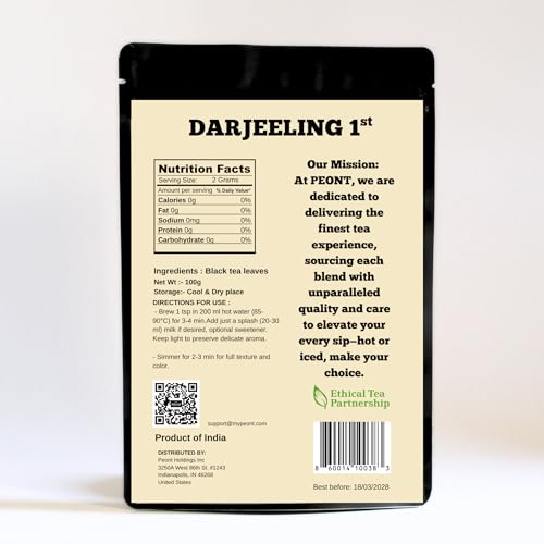 Peont First Flush Single Estate Darjeeling Black Tea, 100g,Crisp with Citrus, Floral & Peach Notes, Premium Loose Leaf