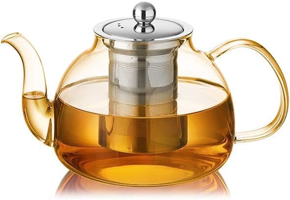 DOPUDO Glass Teapot with Infuser, 40 oz Borosilicate Tea Kettle | Clear borosilicate glass with removable 18/8 steel infuser for stovetop brewing of loose-leaf, herbal, and blooming tea.