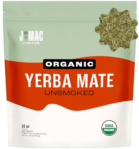 J Mac Botanicals Organic Yerba Mate Loose Leaf Tea, Unsmoked Natural Energy Herbal Tea, High Caffeine Coffee Alternative, Pure Leaf from Brazil, 1 lb