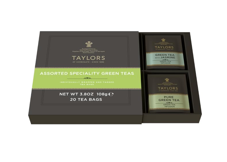 Taylors of Harrogate Assorted Specialty Green Teas Sampler, Variety Gift Box, Individually Wrapped Bags, 20 Count, Jasmine, Mint, Lemon, and Pure