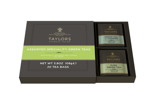 Taylors of Harrogate Assorted Specialty Green Teas Sampler, Variety Gift Box, Individually Wrapped Bags, 20 Count, Jasmine, Mint, Lemon, and Pure