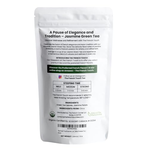 The French Touch Jasmine Green Tea ORGANIC | 2.5g x 30 Pyramid Bags | 100% Certified USDA Organic | Plant based tea bags | Select Premium Tea (Jasmine Green)