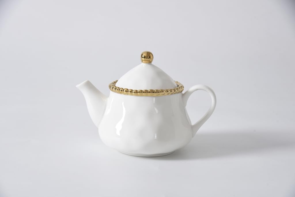 Pampa Bay Salerno Tea Pot with Cover, 16 oz, 6.75 x 4.75 x 5.75 Inches, White with Silver Beading