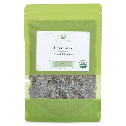 Biokoma Organic Lavender (Lavandula) Dried Flowers 50g (1.76oz) - Relax - DIY - Resealable Moisture Proof Pouch, USDA Organic Herbal Tea Caffeine-Free, No Additives, No Preservatives, No GMO, Kosher