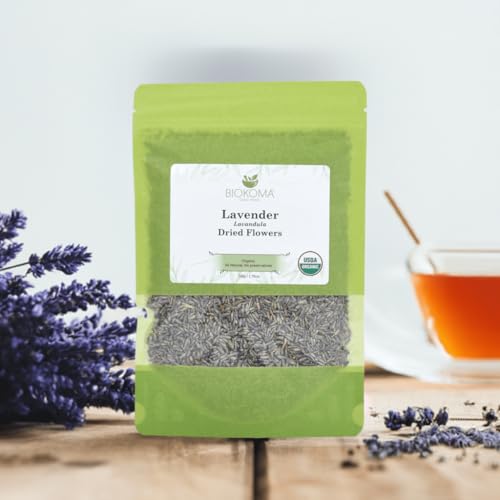 Biokoma Organic Lavender (Lavandula) Dried Flowers 50g (1.76oz) - Relax - DIY - Resealable Moisture Proof Pouch, USDA Organic Herbal Tea Caffeine-Free, No Additives, No Preservatives, No GMO, Kosher