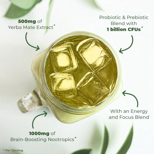 Yerba Mate Instant Tea Powder - 3-In-1 Super Drink - Clean Energy - Formulated With Nootropics To Boost Focus & Clarity - With Prebiotics & Probiotics To Boost Gut Health | Strawberry Matcha - 30 servings