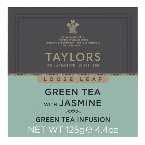 Taylors of Harrogate Green Tea with Jasmine Loose Leaf, 4.41 Ounce Carton (Pack of 1), Delicate, Floral and Sweet, Caffeinated, Premium Whole Leaf Tea