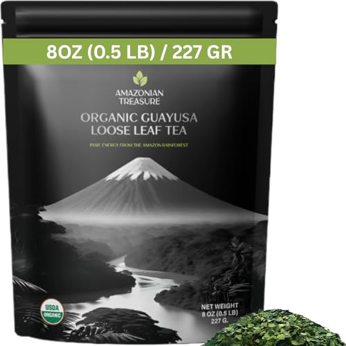 Amazonian Treasure Organic Guayusa Loose Leaf Tea, 8 OZ, (227G) 1/2LB, Smooth Energy Boost, Alternative to Coffee & Yerba Mate, 60 mg Caffeine per Serving.