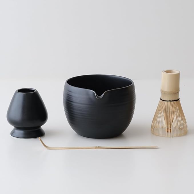 Matcha Whisk Set, Ceramic Matcha Bowl & Whisk Holder, Bamboo Accessory, Modern Design (Matte Black, 