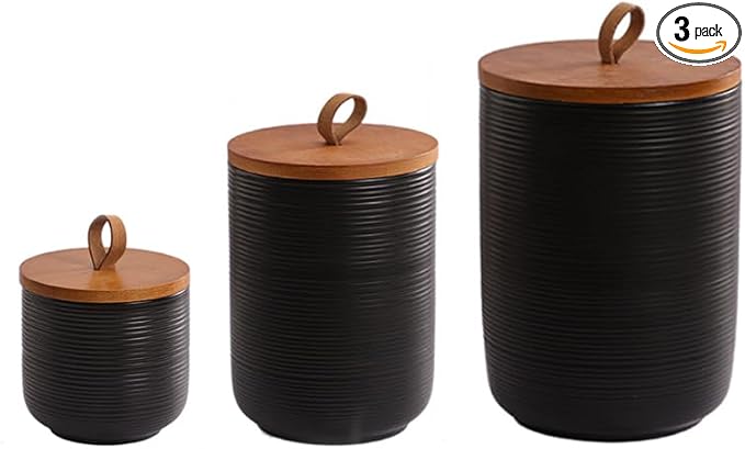 Comeon Ceramics Canister with Lid, Matcha Container Jar for Spice Sugar Tea Bag Coffee Canister Sets for Kitchen Counter with Bamboo Lid (Black)