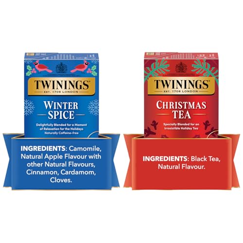 Twinings Holiday Sweet & Spicy Tea Variety 2-Pack – Caffeinated Tea and Caffeine-Free Winter Spice Herbal, Christmas Gift, 20 Tea Bags Ea