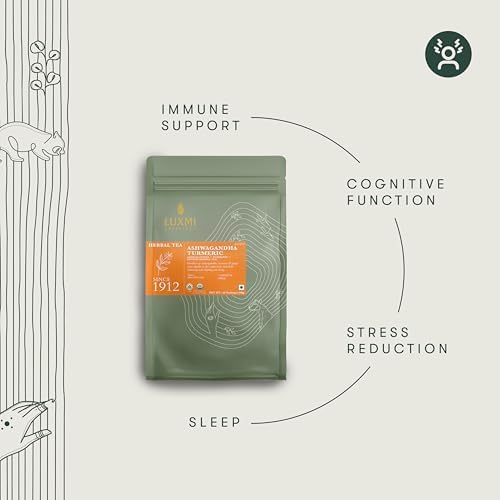 Luxmi Estates Ashwagandha Turmeric | Organic Adaptogen Tea | Stress Relief &amp; Immunity Support | 50 Biodegradable Tea Bags | 100g/3.52oz