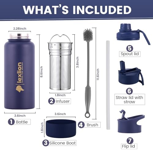Lexlion Tea Infuser Water Bottle 32 Oz – Triple Wall Insulated Stainless Steel, Loose Leaf & Fruit Strainer, 3 Leakproof Lids, BPA-Free Silicone Sleeve, Reusable Thermal Mug
