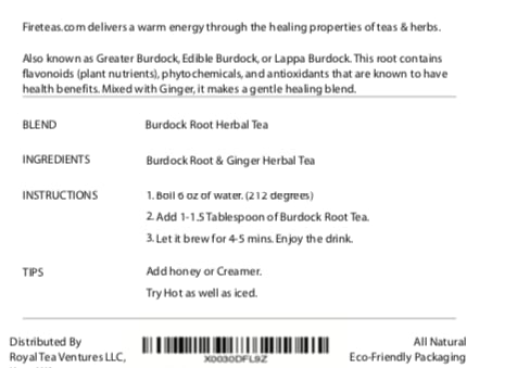 Fire Teas Burdock Root Ginger Tea - Loose Leaf Tea - Anti Oxidant Rich - Digestive Health Benefits