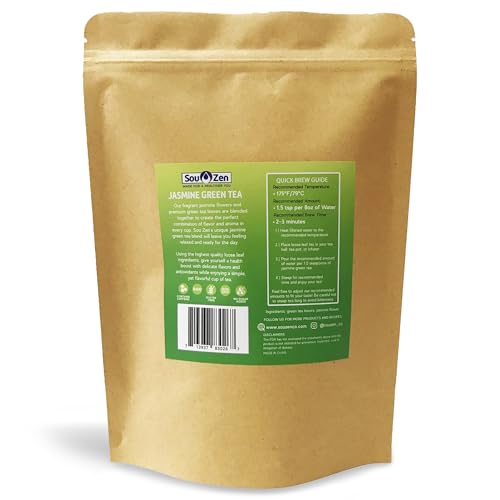 Sou Zen Jasmine Green Tea Loose Leaf Blend, 4oz | Green Tea Leaves with Jasmine Flowers | Fragrant Loose Leaf Jasmine Tea | Resealable Pouch | No Added Sugar, Non-GMO, Gluten Free