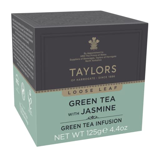 Taylors of Harrogate Green Tea with Jasmine Loose Leaf, 4.41 Ounce Carton (Pack of 1), Delicate, Floral and Sweet, Caffeinated, Premium Whole Leaf Tea