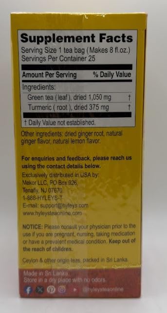 Hyleys Ginger Turmeric Tea Lemon Flavor - 25 Tea Bags (6 Pack - 150 Tea Bags Total) - Green Tea