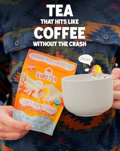 Kubo Lion’s Mane Chai Tea Bags | Organic High Caffeine (155mg) Black Tea + Lion’s Mane Mushroom | 20 Pyramid Count | Caffeinated Tea for Calm Focus & Mind Support | Healthy Coffee Alternative, Calorie Free