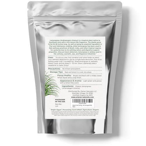 Elanen Naturals Organic Dried Lemongrass Tea 4 oz. (113g), USDA Certified Organic Lemon Grass Herb Leaf, Lemin Fever Grass, Te De Limon, Lemingrass Loose Leaves, Dried Lemongrass Bulk, Cut & Sifted
