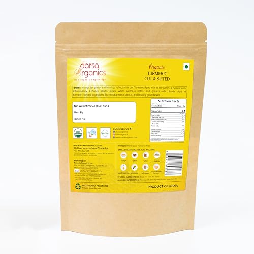 Darsa Organics Turmeric Root (Cut & Sifted) 16 oz, Premium Grade USDA Organic Curcuma longa, Great for Teas, Smoothies, Pickling & Golden Milk, Non-GMO, Gluten-Free, Vegan, Kosher