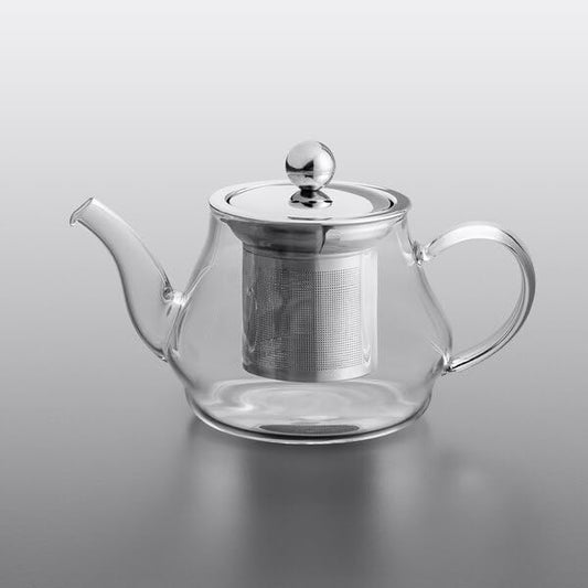 Azalea Glass Teapot, 12 oz, Clear Borosilicate Glass with Stainless Steel Infuser, Round Shape, Dishwasher Safe