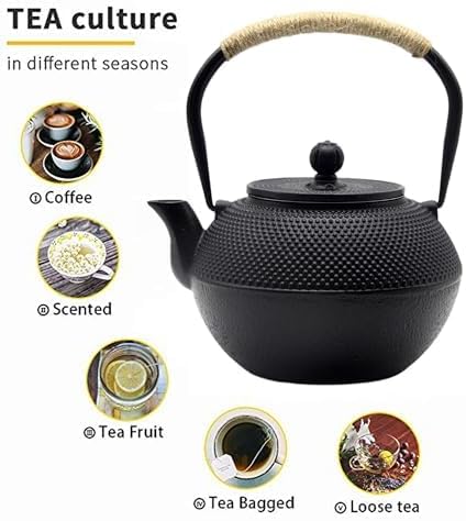 40.6oz Cast Iron Teapot, Japanese Tetsubin Tea Kettle for Stovetop Safe, Black Cast Iron Tea Kettle with Infuser for Loose Leaf