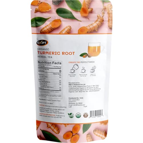 Oxify Organic Turmeric Root Herbal Tea - 100 Eco Friendly Tea Bags (100 Tea Bags, Turmeric)
