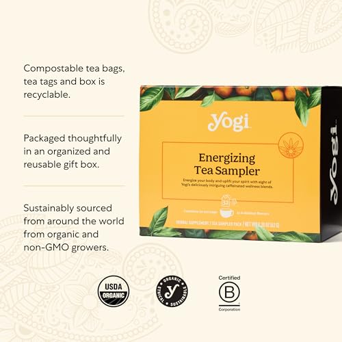 Yogi Organic Tea Energy Sampler Box Set (32 Tea Bags) - Gifts for Mom - 8 Energizing Black & Green Teas - Contains Caffeine