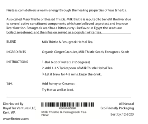 Fire Teas Organic Milk Thistle & Fenugreek Seeds Herbal Tea w/Ginger - Herbal Folk Remedy Tea - Loose Leaf