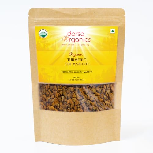 Darsa Organics Turmeric Root (Cut & Sifted) 16 oz, Premium Grade USDA Organic Curcuma longa, Great for Teas, Smoothies, Pickling & Golden Milk, Non-GMO, Gluten-Free, Vegan, Kosher