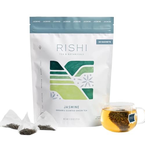 Rishi Tea Jasmine Green Tea - Organic Sachet Tea Bags, Caffeinated Scented Chinese Green Tea with Floral Aroma & Taste - 15 Count (Pack of 1)