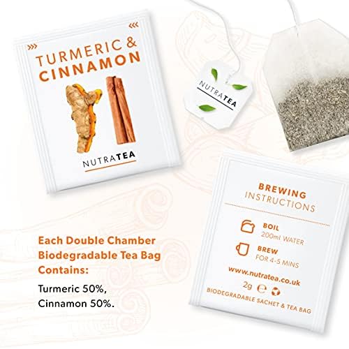 Nutra Tea - Turmeric &amp; Cinnamon Tea | Turmeric Tea - 20 Individually Wrapped, Reusable Teabags - Caffeine Free, All Natural Herbal Blend (1 Pack)
