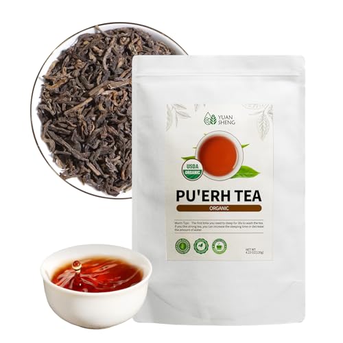 YUANSHENG Pu erh Tea Organic Loose Leaf, Chinese Yunnan Aged Fermented tea, Rich Antioxidants, USDA Organic Ripe Puerh tea, Deep Earthy Flavor, Digestive Health & Wellness tea, 4.23 Oz