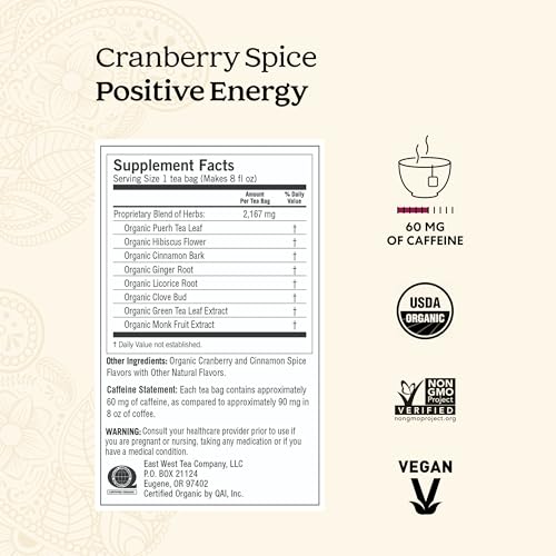 Yogi Tea Cranberry Spice Positive Energy - Organic Puerh Tea - Supports Focus & Energy - Caffeinated - Includes Cinnamon, Ginger & More - 16 Tea Bags Per Pack (4 Packs)