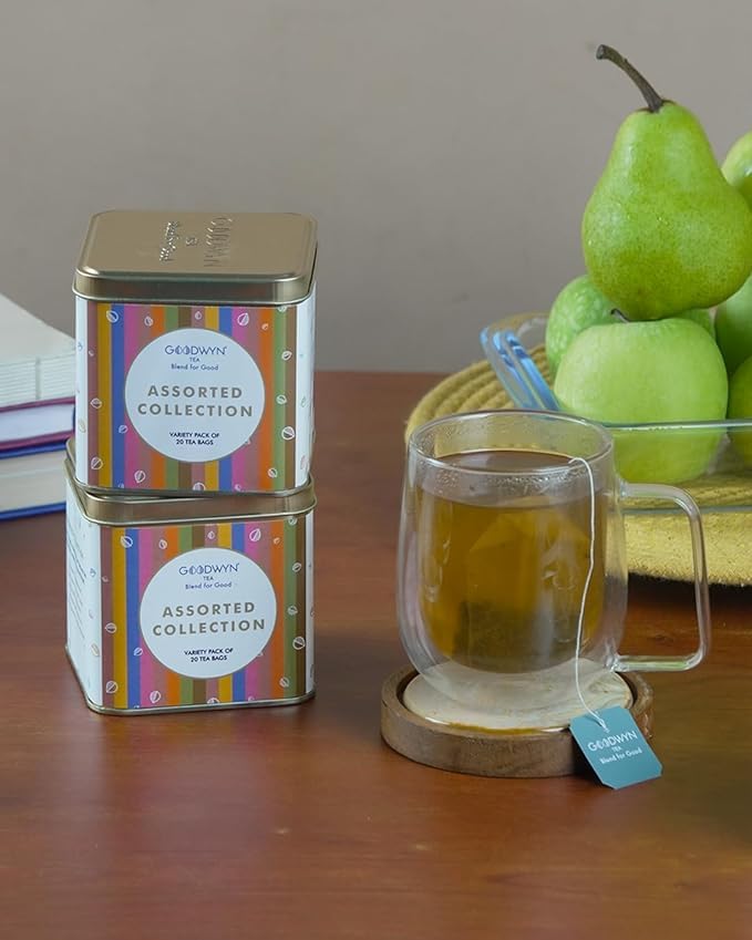 Goodwyn Assorted Tea Sampler Box – 20 Individually Wrapped Tea Bags | Premium Herbal, Black & Green Tea Collection in Reusable Wooden Chest | 10 Flavors x 2 Each: Tulsi, Kahwa, Turmeric, Assam, Green Tea, Lemon & More | Ideal Gift Set Box