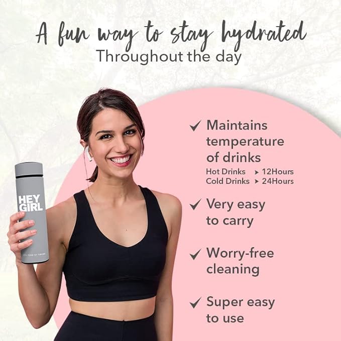 Hey Girl Tea Infuser Bottle 450ml - Insulated Stainless Steel Water Bottle - Tea Tumbler with Tea Diffuser
