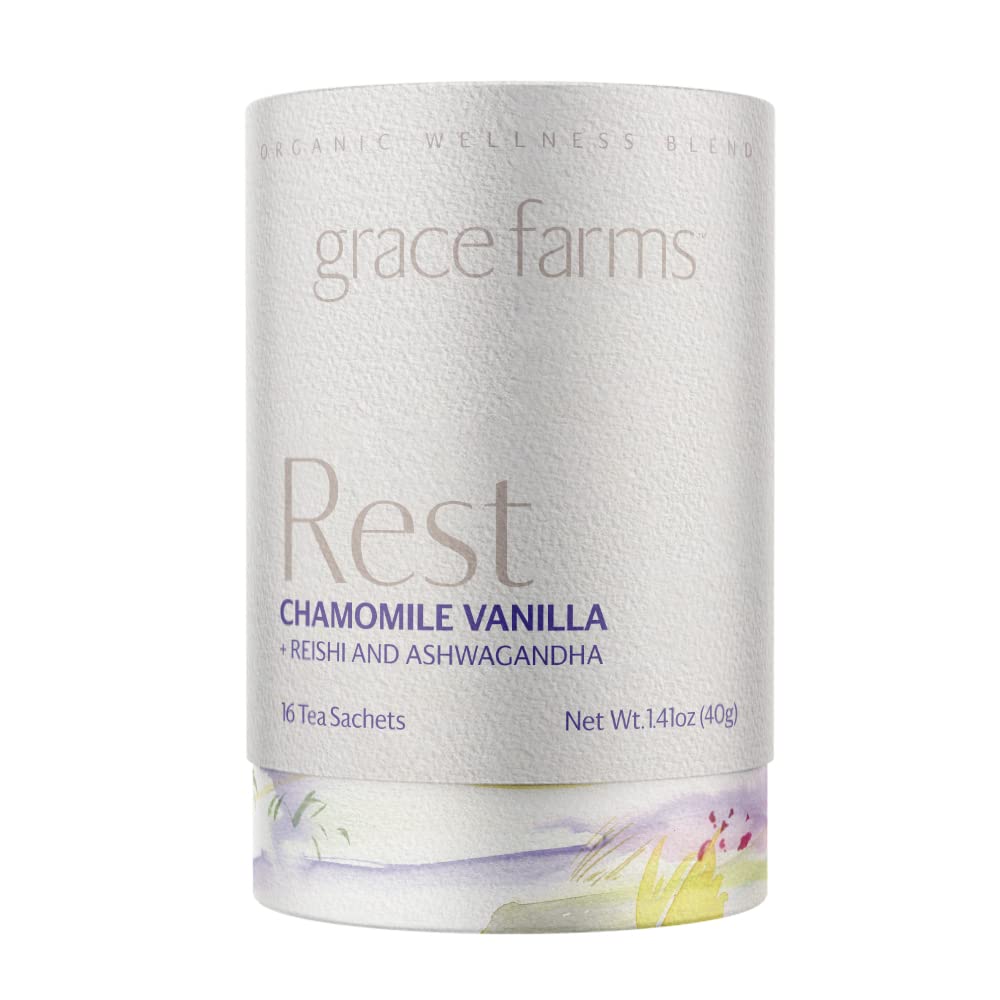 Grace Farms REST Wellness Organic Tea Blend (16 Pyramid Sachets) | Sleep and Stress Support For Evening | Chamomile Vani