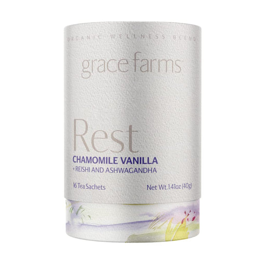 Grace Farms REST Wellness Organic Tea Blend (16 Pyramid Sachets) | Sleep and Stress Support For Evening | Chamomile Vani