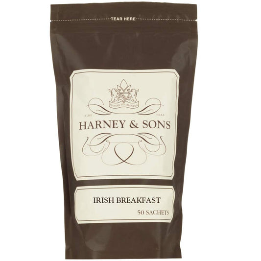 Harney &amp; Sons Irish Breakfast Black Tea Sachets, 50 Count | 100% Assam black tea. 50 whole leaf sachets. Contains caffeine.