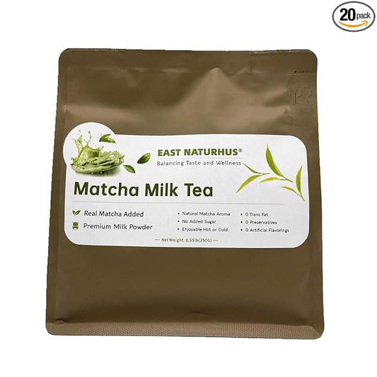 EAST NATURHUS Matcha Milk Tea Powder – Made with Matcha & Freeze-Dried Green Tea, No Added Sugar, Naturally Sweetened, Perfect for Hot & Iced Drinks