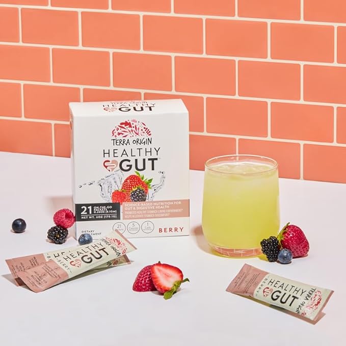 TERRA ORIGIN Healthy Gut Stick Packs, L-Glutamine, Slippery Elm, Aloe Vera, Licorice Root Extract, Gut Health, Digestive Support, Leaky Gut Repair, Immune Function, On-The-Go, 21 Ct, Berry