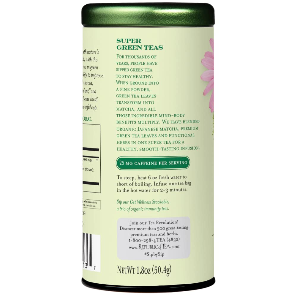 The Republic of Tea SuperGreen Organic Immunity Green Tea, 36 Count | Naturally Caffeinated. Made for morning or afternoon. Fresh with notes of warming ginger. Made with matcha.