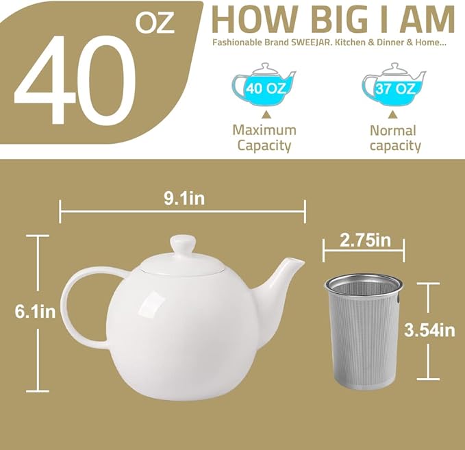Sweejar Porcelain Teapot with Removable Stainless Steel Infuser,Microwave & Dishwasher Safe Tea Pots for Loose Tea,Tea Infuser Pots for Chrismas Women Gift (40oz Pink)